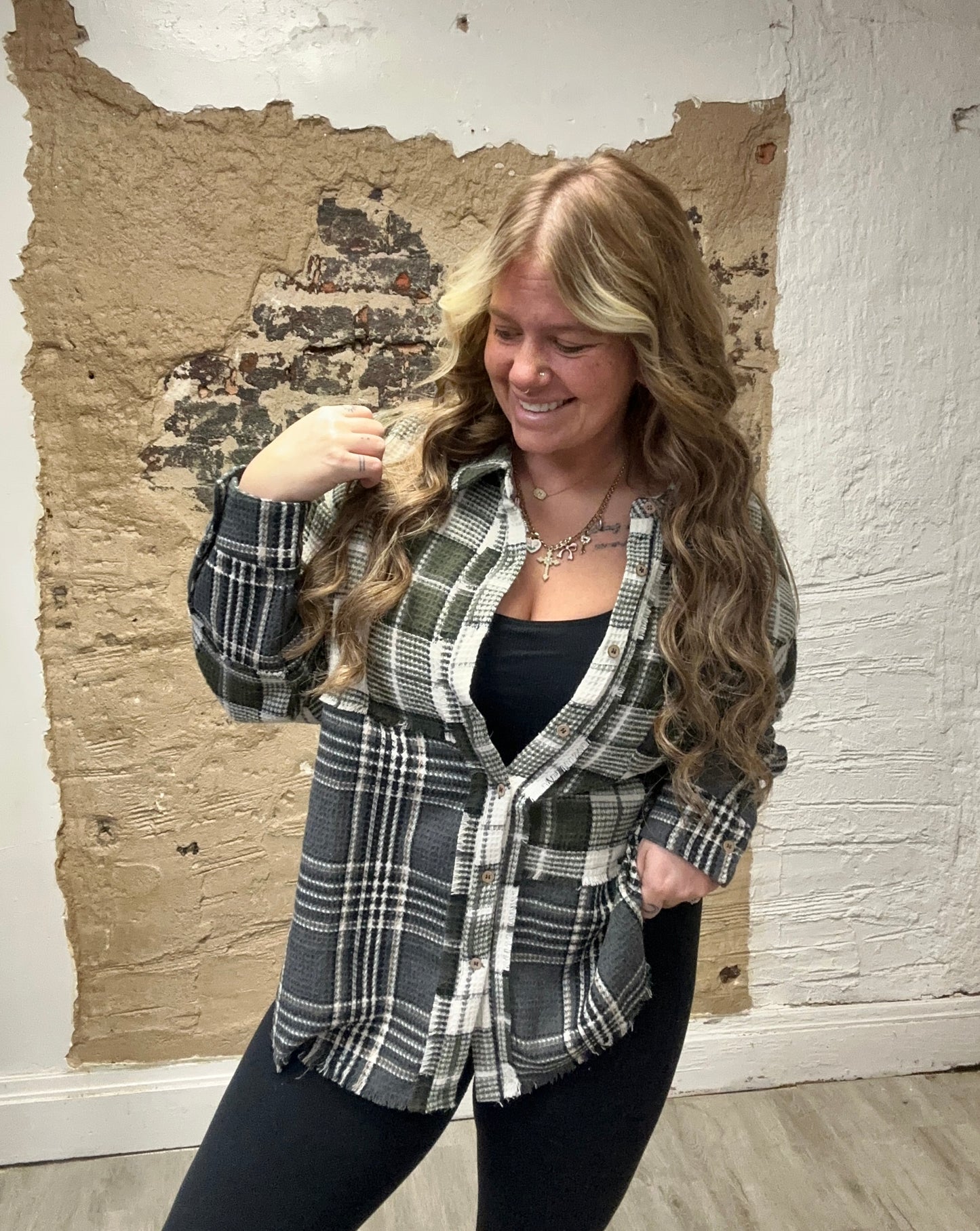 Mixed Plaid Oversized Shacket Jacket // Olive