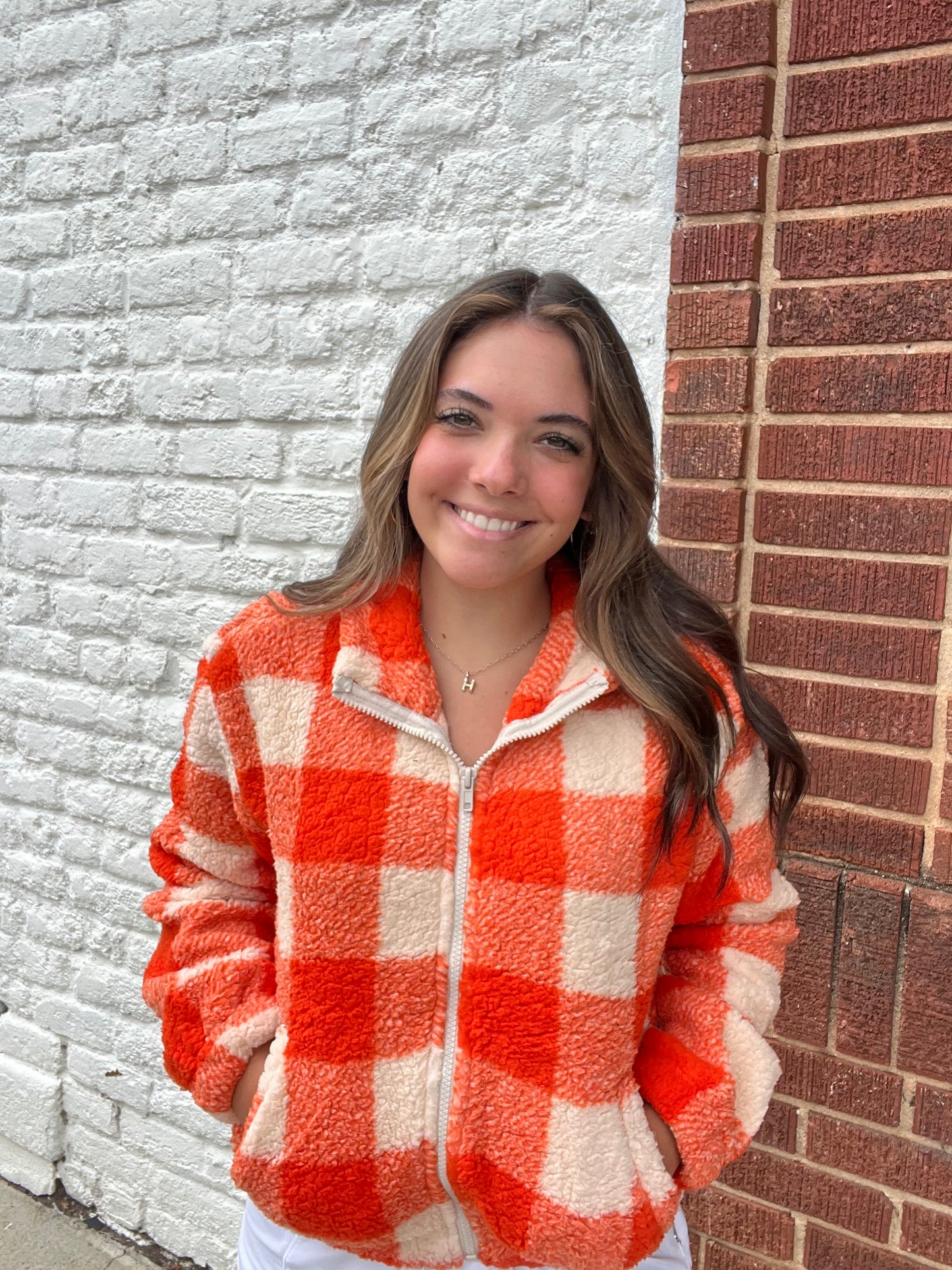 Long Sleeve Mock Neck Argyle Print Faux Fur Jacket // Orange