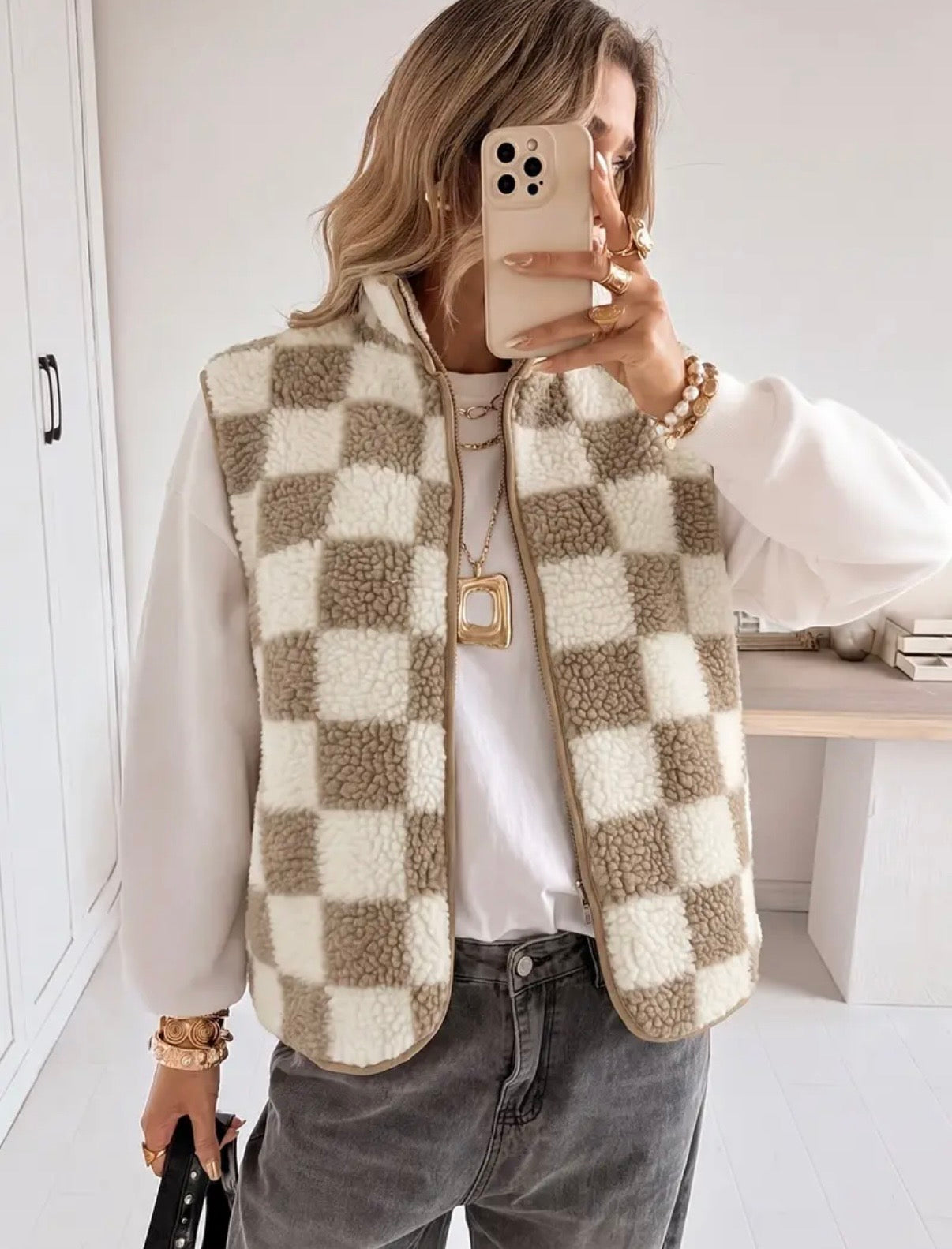 Fleece Khaki Checkered Vest