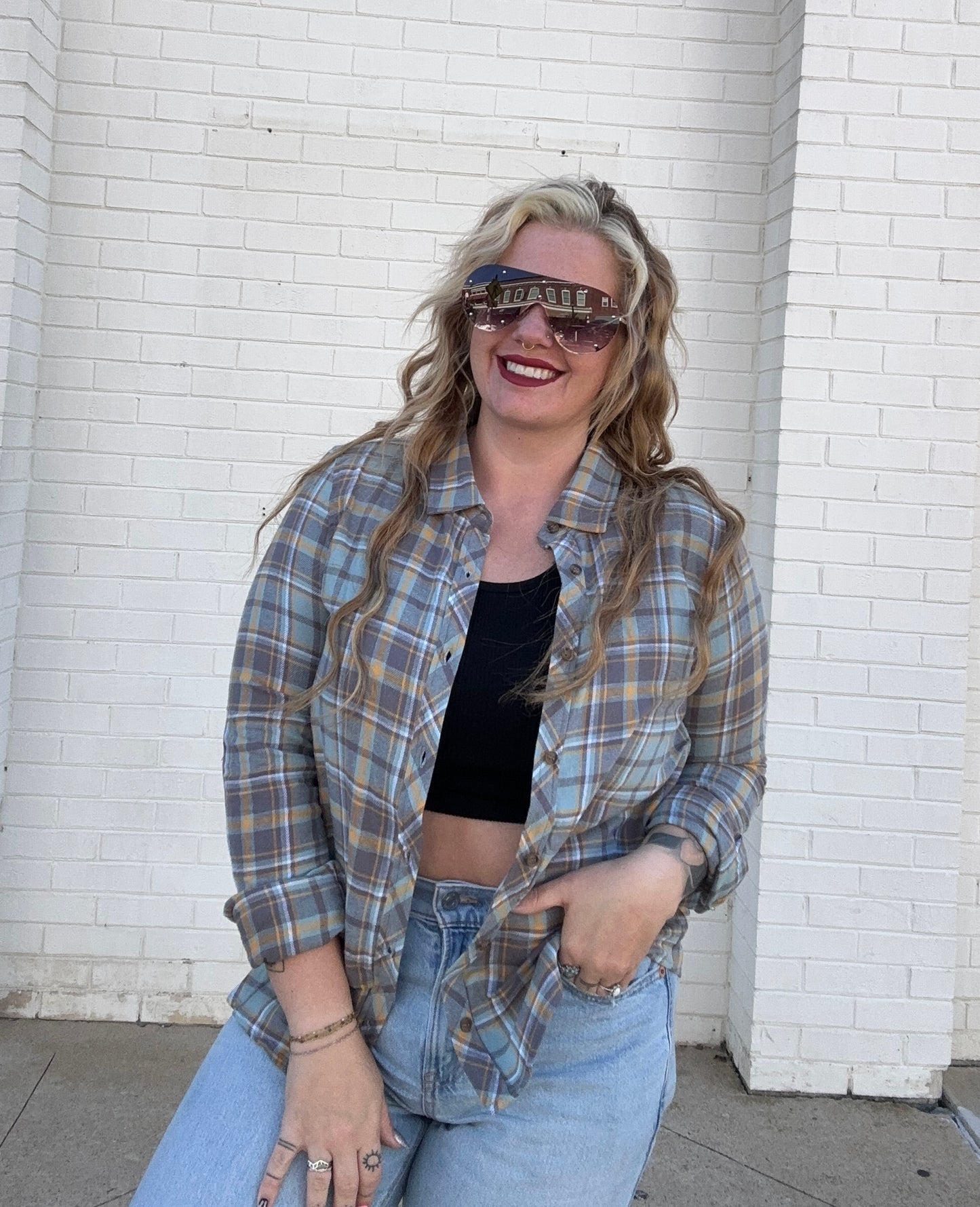 Plaid Flannel with Suede Patch // Blue