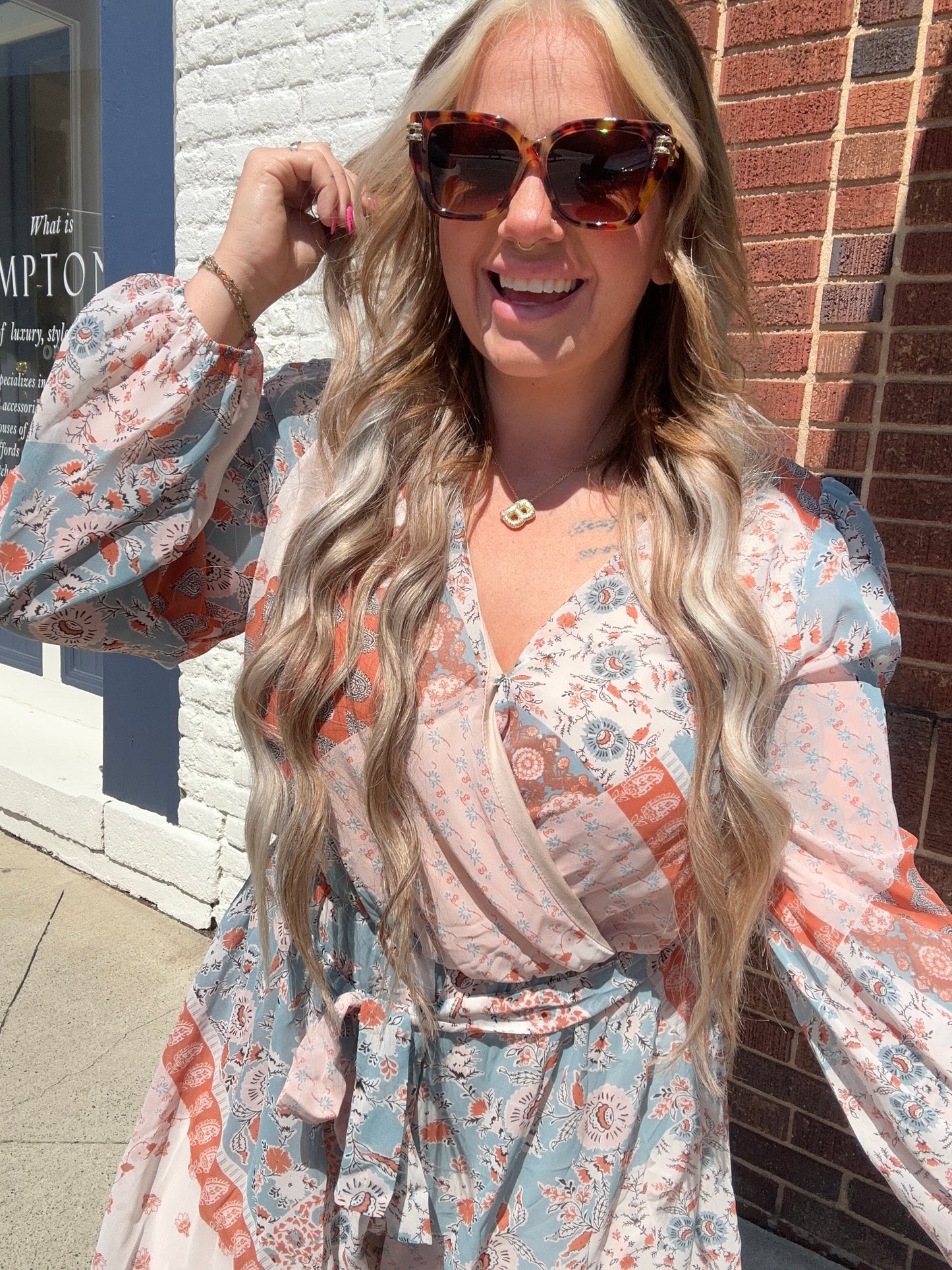 Long Sleeve V-Neck Surplice Belted Print Woven Romper
