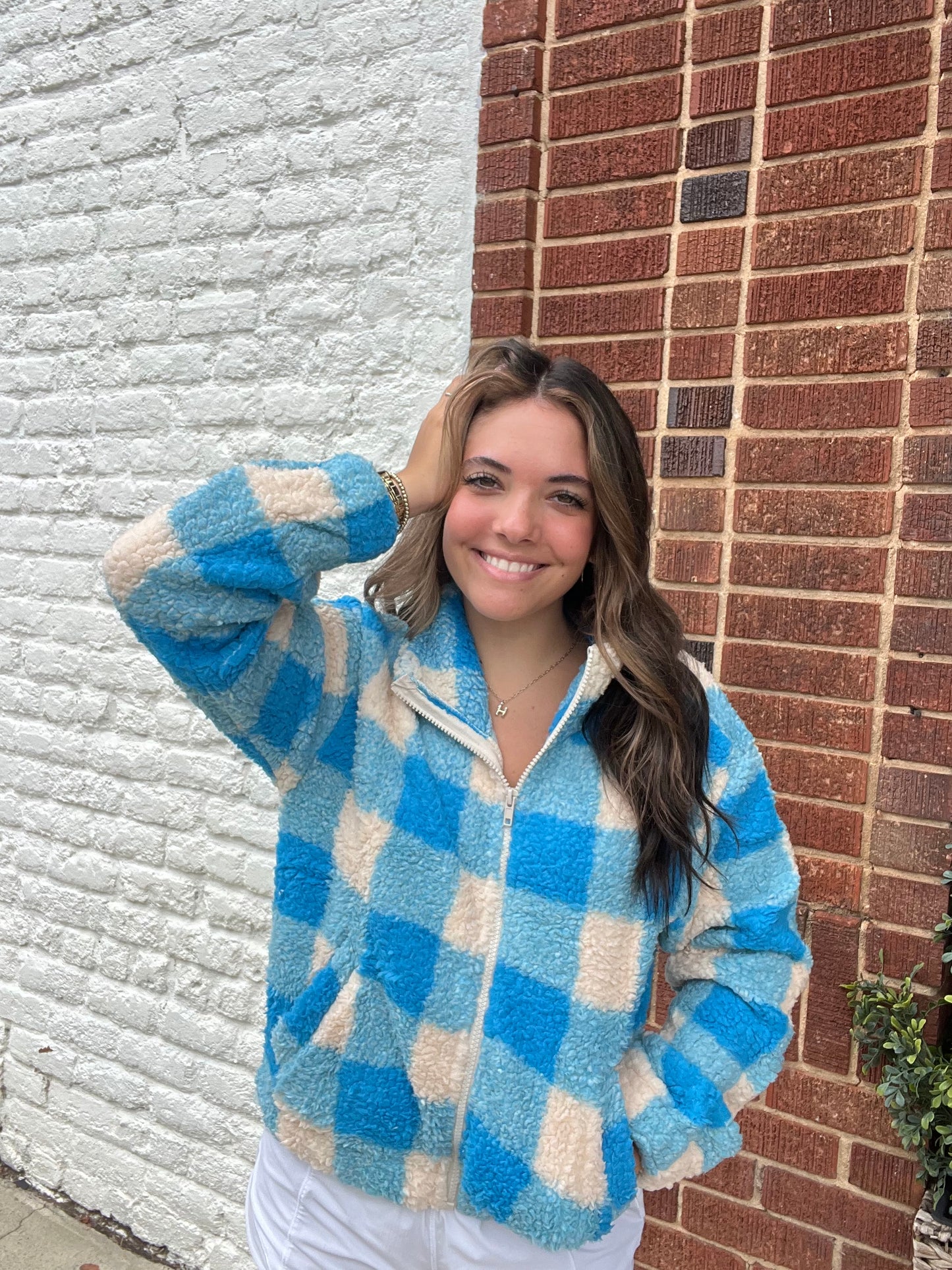 Long Sleeve Mock Neck Argyle Print Faux Fur Jacket // Blue