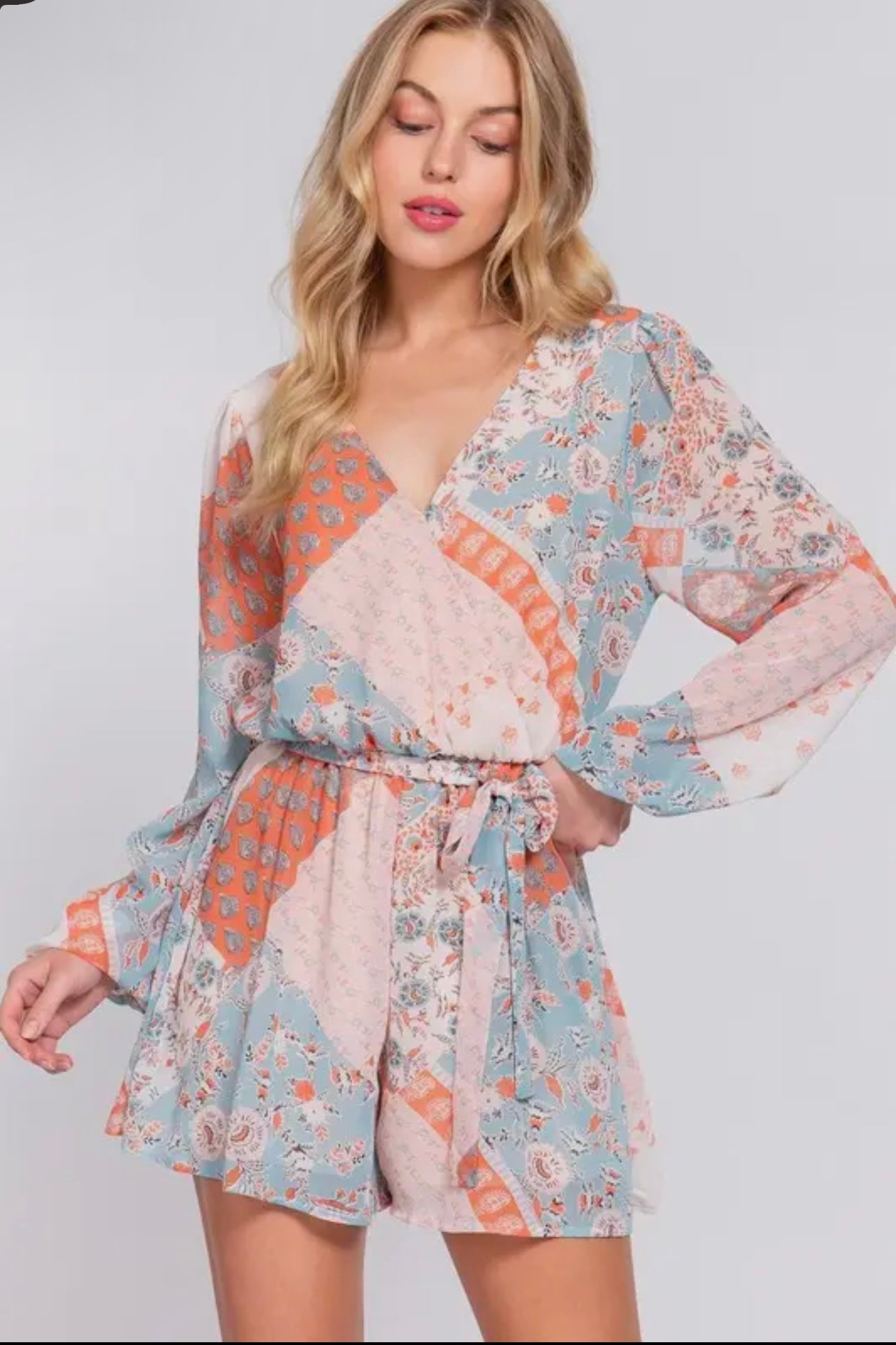 Long Sleeve V-Neck Surplice Belted Print Woven Romper