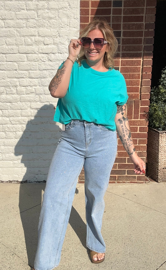 Wide Leg Rhinestone Denim // Light Wash