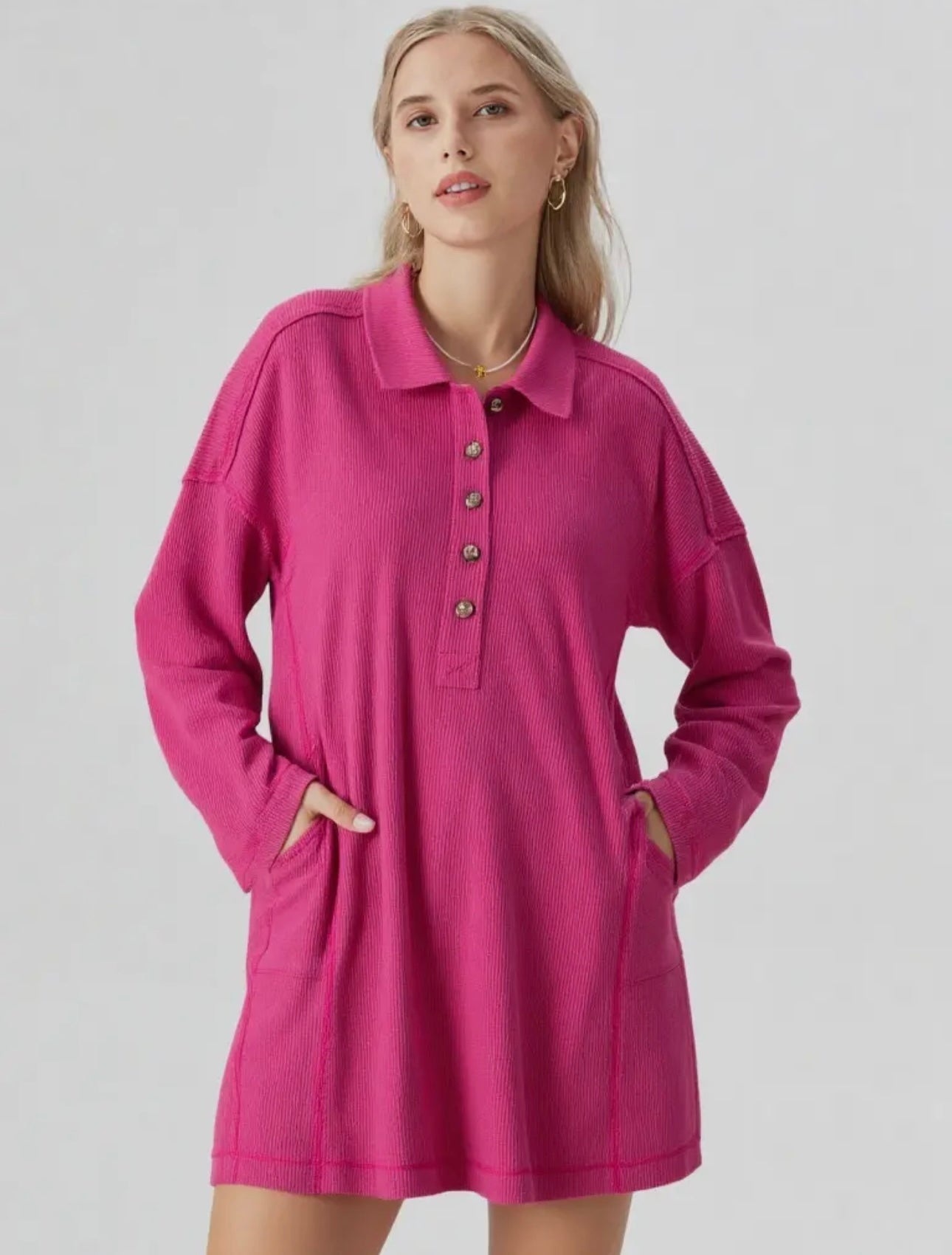 Henley Fleece Dress // Pink