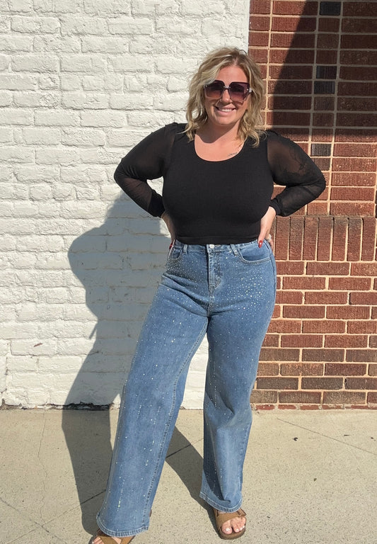 Wide Leg Rhinestone Denim // Medium Wash