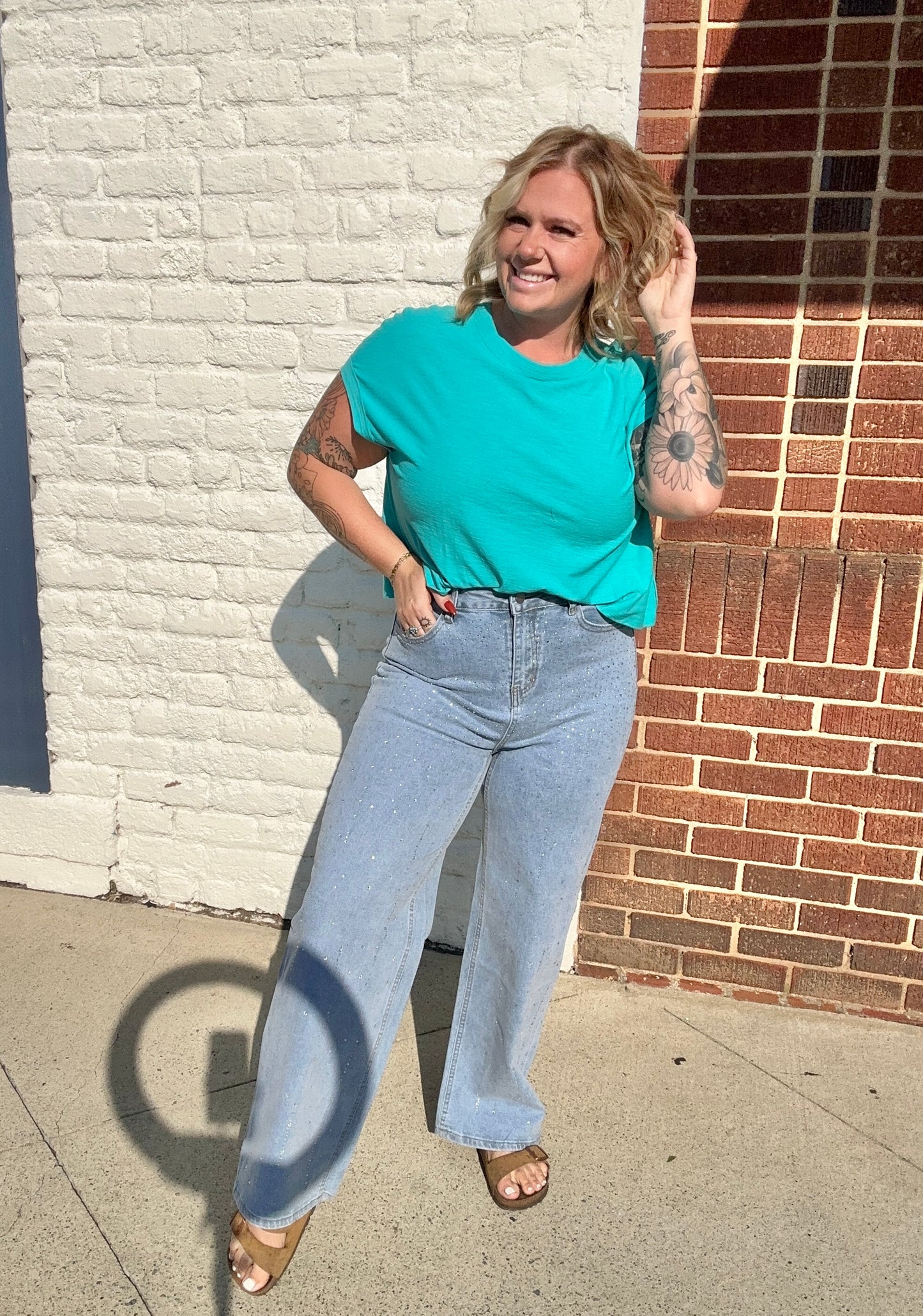 Wide Leg Rhinestone Denim // Light Wash