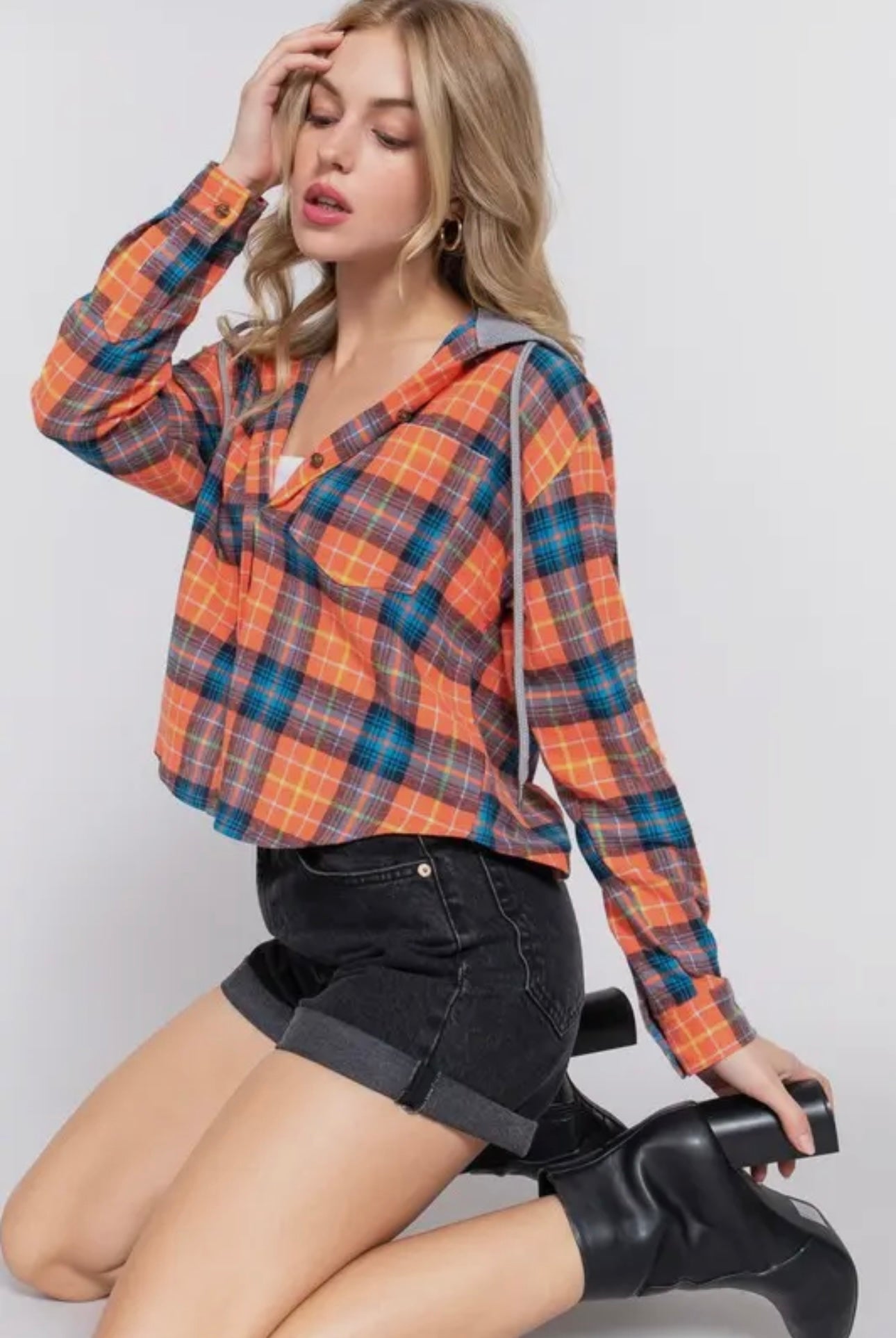 Drawstring Hoodie Button Down Plaid Shirt // Orange
