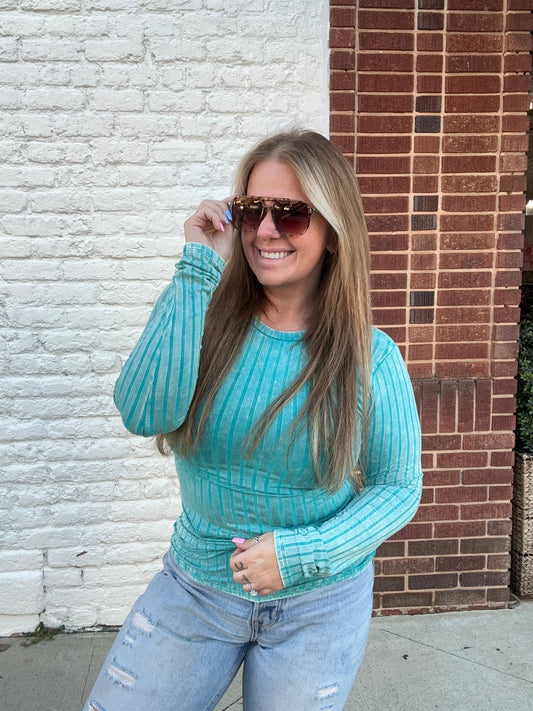 Ribbed Long Sleeve Top // Teal
