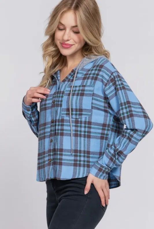Drawstring Hoodie Button Down Plaid Shirt // Blue