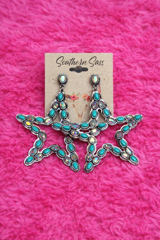 Bling Turquoise Rhinestone Star Earrings