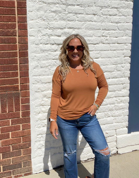 Long Dolman Sleeve Round Neck Rayon Jersey Top // Camel