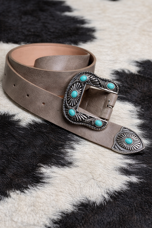 Large Turquoise Buckle Belt // Taupe