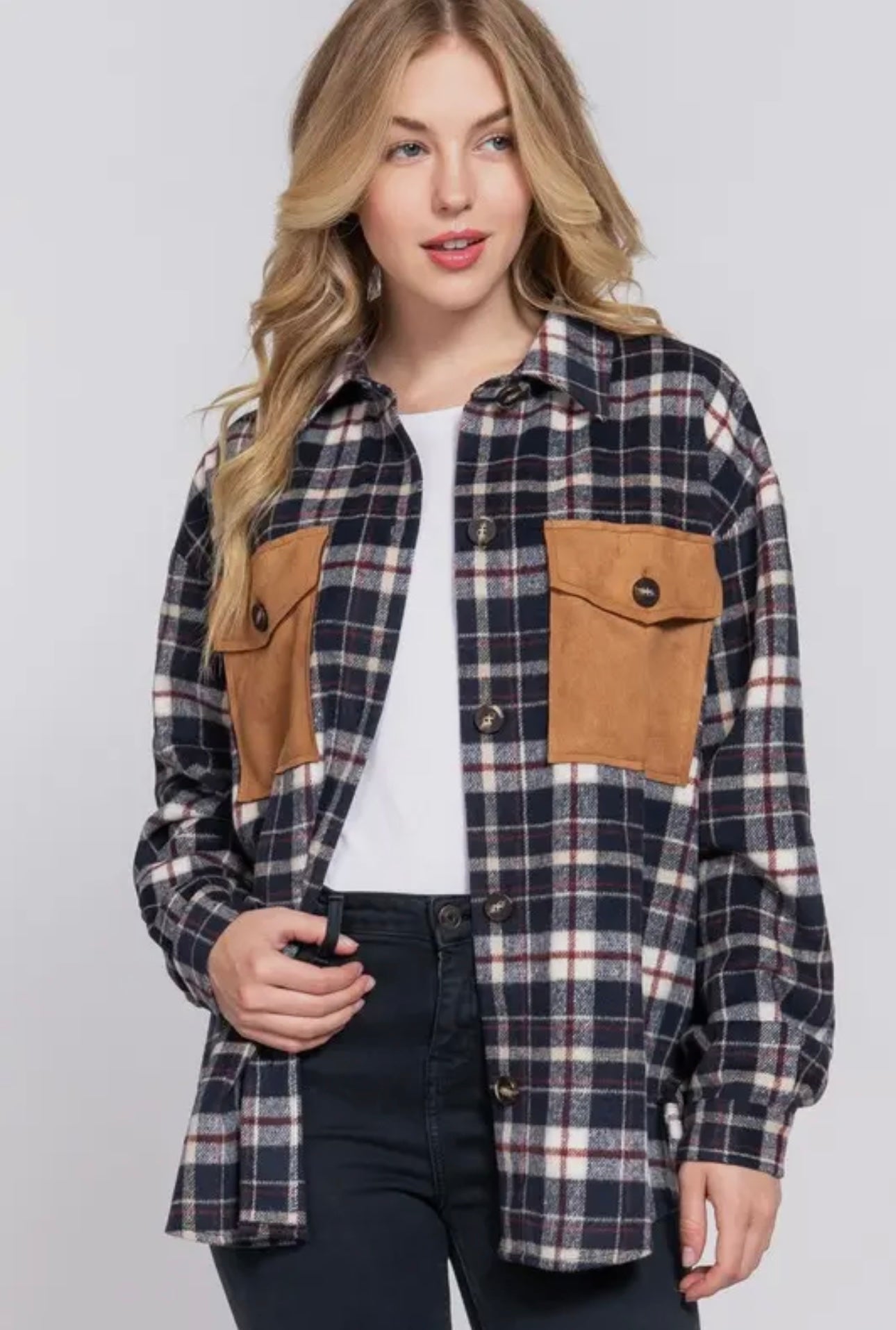 Long Sleeve Suede Pocket Detail Brushed Plaid Shacket
