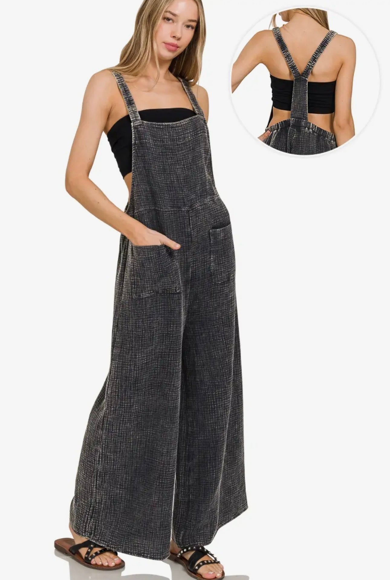Washed Double Gauze Elastic Waist Wide Leg Overalls