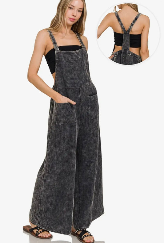 Washed Double Gauze Elastic Waist Wide Leg Overalls