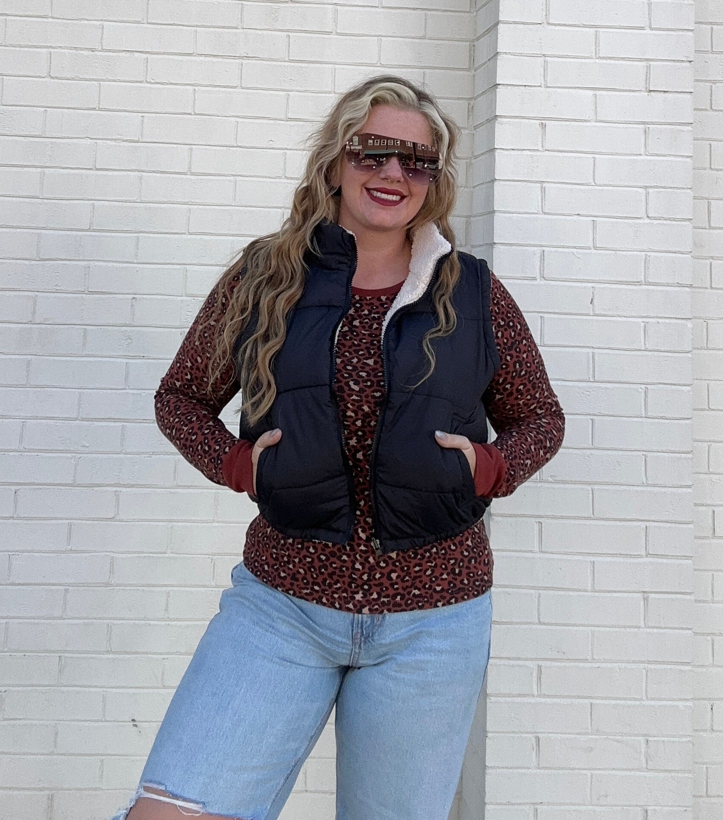 Long Sleeve Crew Neck Animal Printed Thermal Knit Top