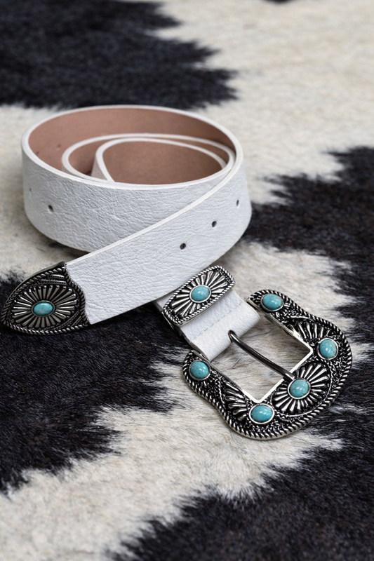 Large Turquoise Buckle Belt // White