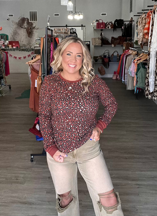 Long Sleeve Crew Neck Animal Printed Thermal Knit Top