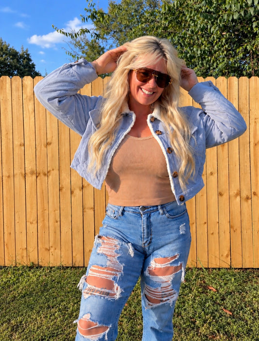 Grey Corduroy Cropped Shacket 