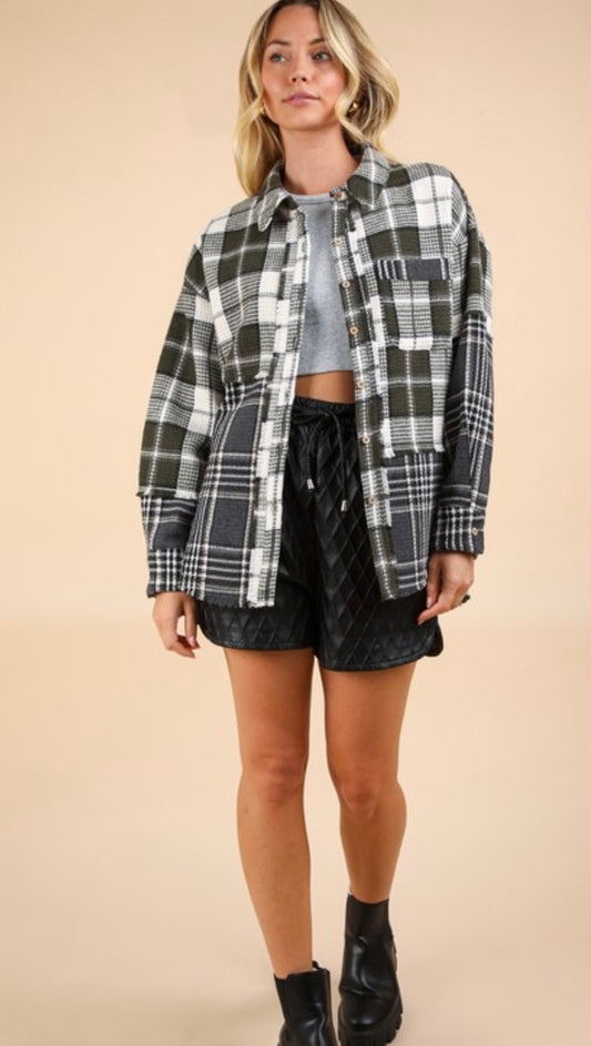 Mixed Plaid Oversized Shacket Jacket // Olive