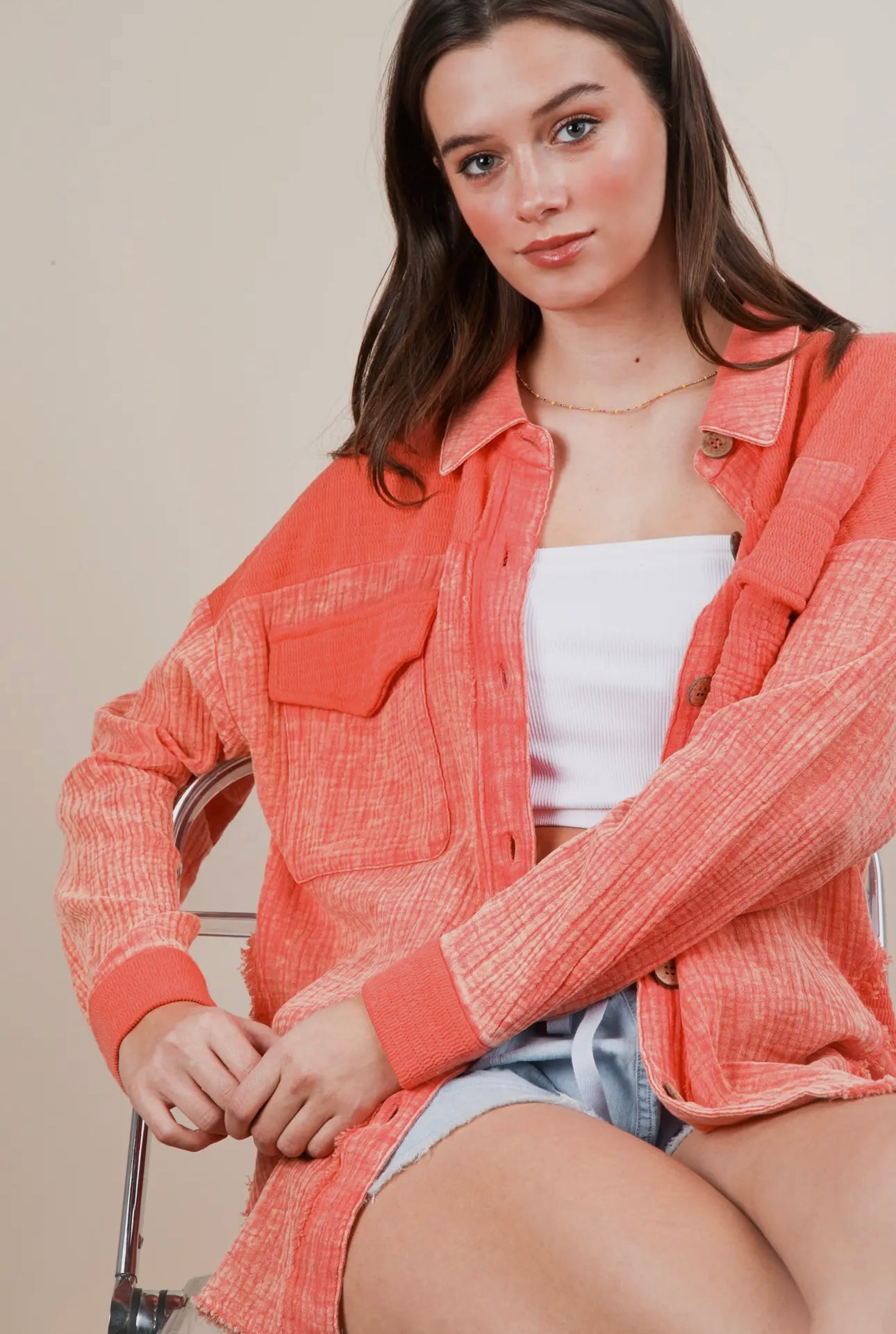 Mineral Washed
Oversized Gauze Shacket Jacket