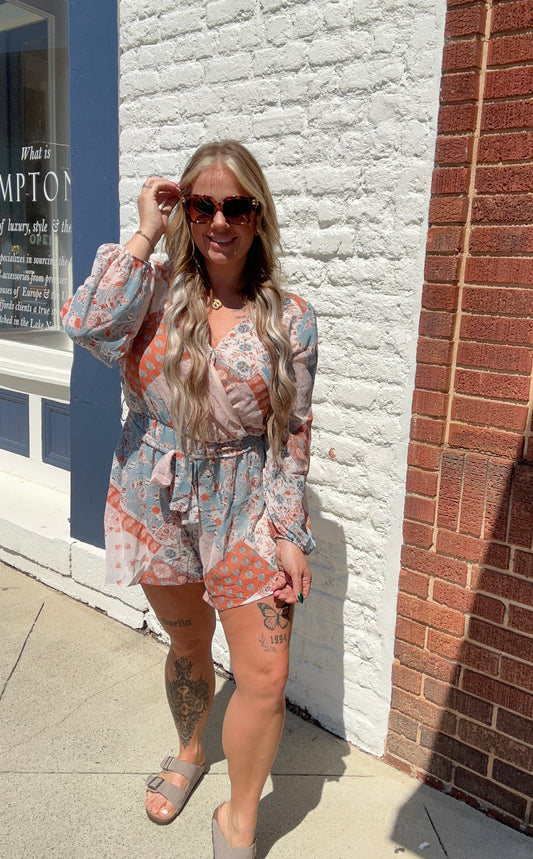 Long Sleeve V-Neck Surplice Belted Print Woven Romper