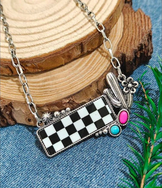 Black & White Checkered Cactus Necklace