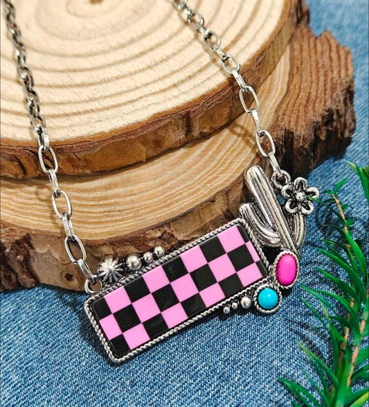 Pink Checkered Cactus Necklace