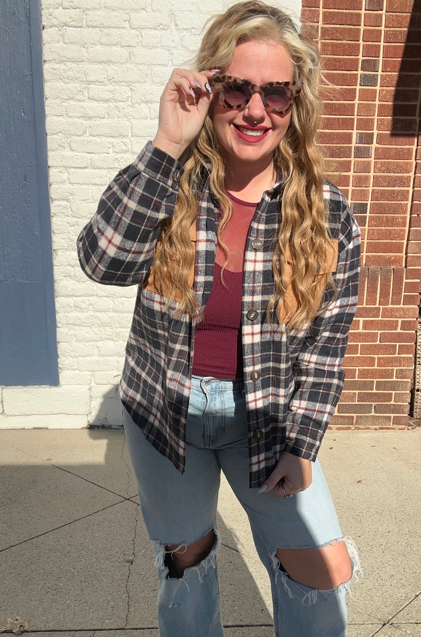 Long Sleeve Suede Pocket Detail Brushed Plaid Shacket