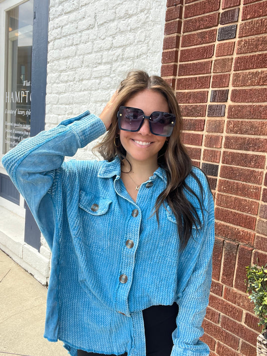 Acid Wash Oversized Cotton Waffle Shacket