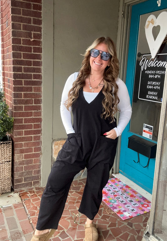 Casual Loose Fit Solid Knit Baggy Jumpsuit // Black