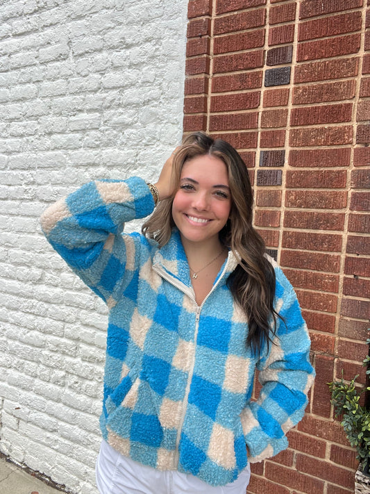 Long Sleeve Mock Neck Argyle Print Faux Fur Jacket // Blue