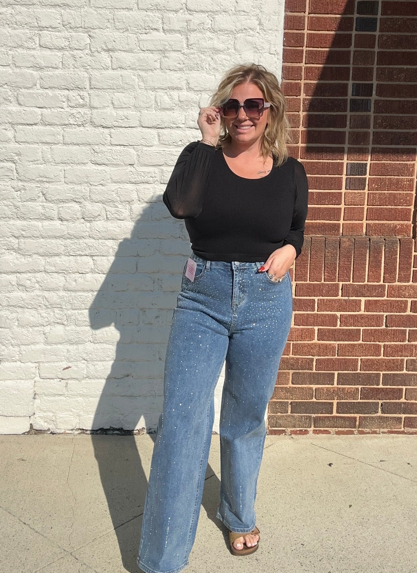 Wide Leg Rhinestone Denim // Medium Wash