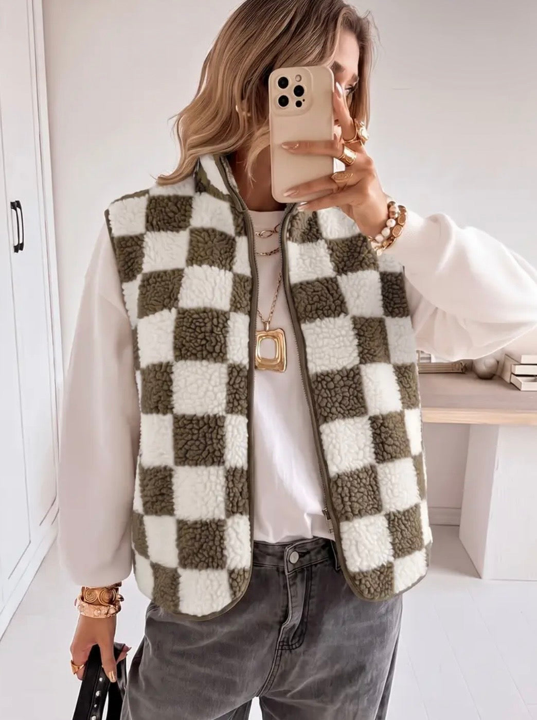 Fleece Mushroom Checkered Vest