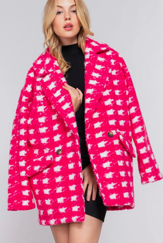 Long Sleeve Double Breasted Check Print Boucle Fleece Coat