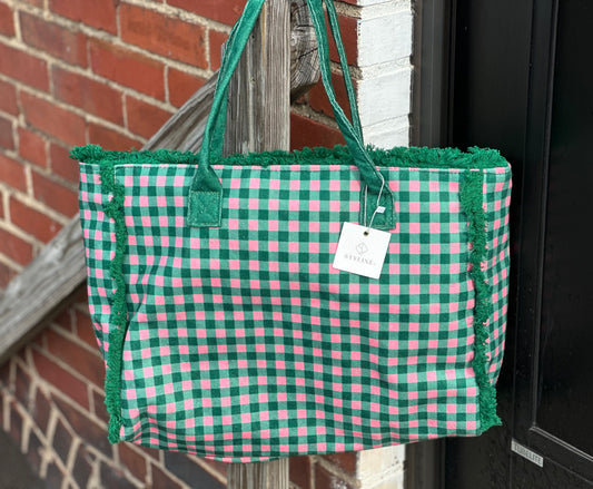 Kelly & Pink Gingham Beach Tote