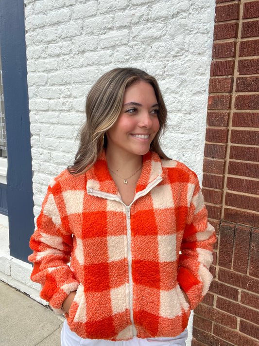 Long Sleeve Mock Neck Argyle Print Faux Fur Jacket // Orange