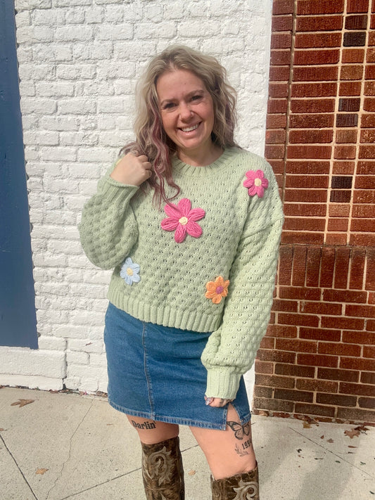 Flower Applique Knit Sweater Sage