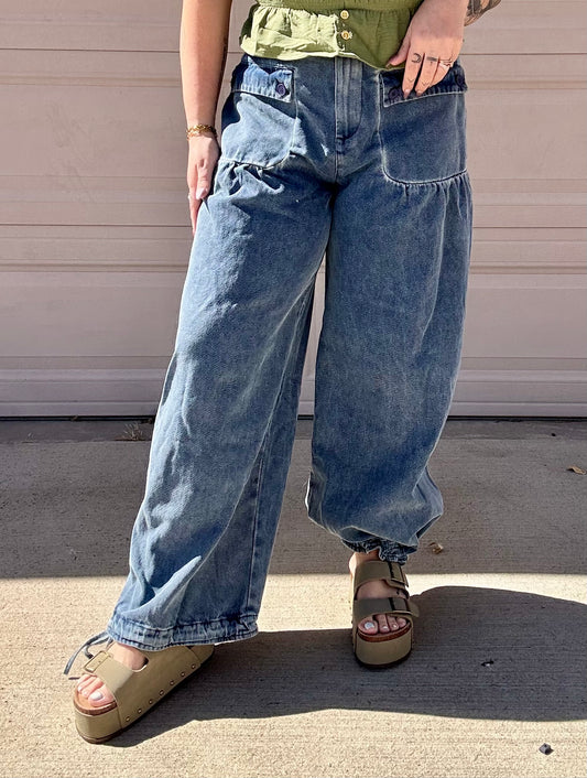 Barrel Jeans With Cinching Bottoms