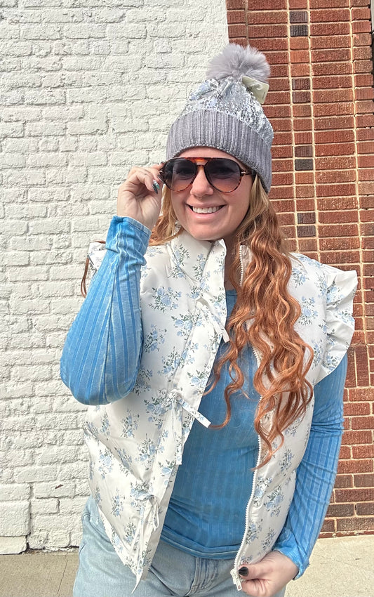 Ruffle Sleeve Floral Puffer Vest